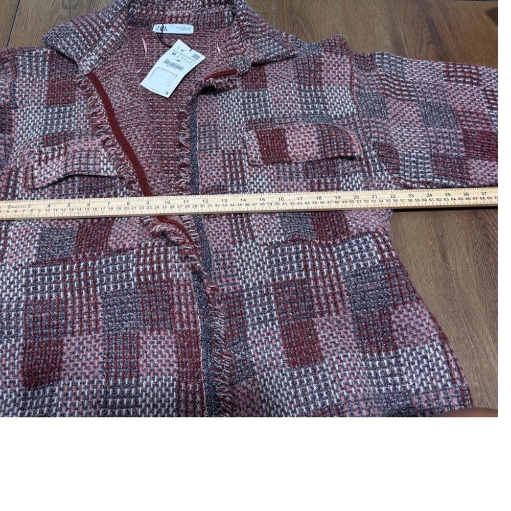 Zara Pink Metallic Tweed Plaid Fringe Belted Shirt Jacket Size M NWT - Picture 10 of 13